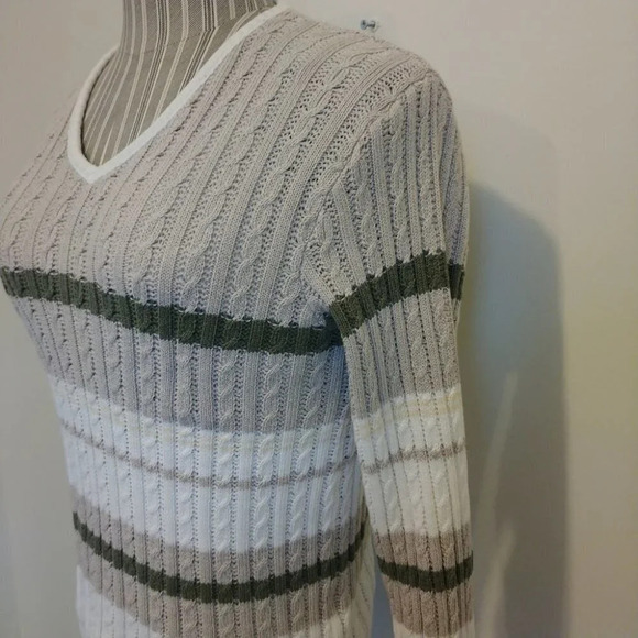 Striped Cable  Knit VNeck Sweater, Earthy Colours L - Picture 3 of 5